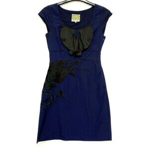Anthropologie Floreat Shift Dress Size 6 Navy Blue With Black Floral Embroidery